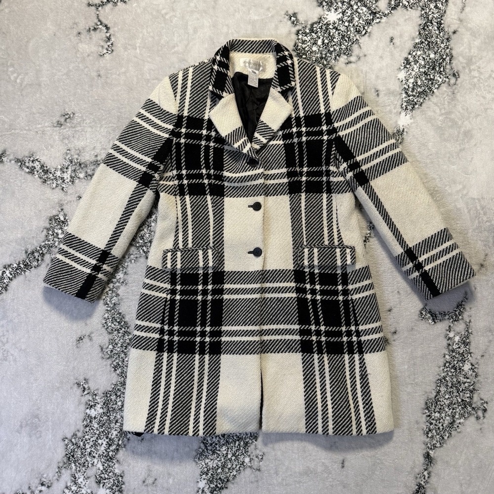 Jones New York Jacket Womens Size 12 Black White Plaid Wool Blend Notch Lapel
